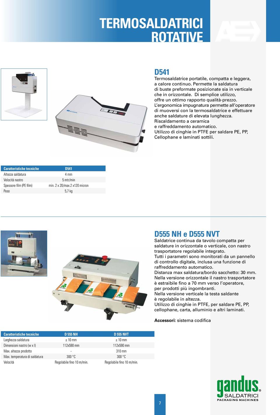 Riscaldamento a ceramica e raffreddamento automatico. Utilizzo di cinghie in PTFE per saldare PE, PP, Cellophane e laminati sottili.