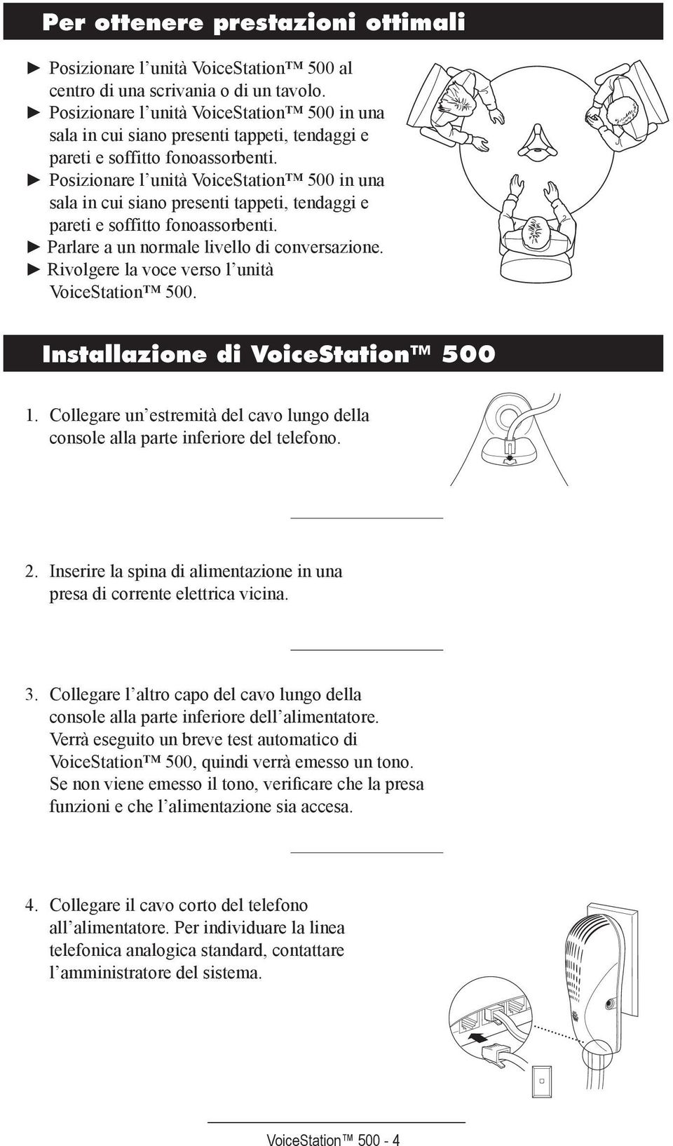 Parlare a un normale livello di conversazione. Rivolgere la voce verso l unità Installazione di VoiceStation 500 1.