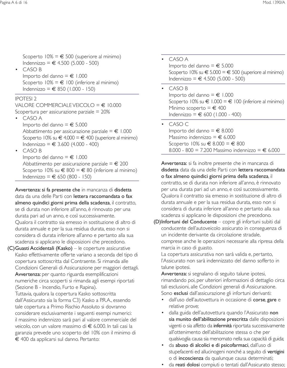 000 = 400 (superiore al minimo) Indennizzo = 3.600 (4.000-400) CASO B Importo del danno = 1.