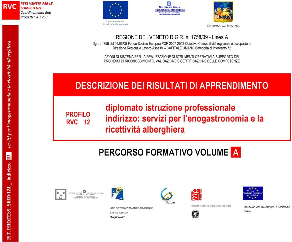 PER LA REALIZZAZIONE DI STRUMENTI OPERATIVI A SUPPORTO DEI PROCESSI DI RICONOSCIMENTO, VALIDAZIONE E CERTIFICAZIONE DELLE COMPETENZE DESCRIZIONE DEI RISULTATI DI APPRENDIMENTO PROFILO RVC 12