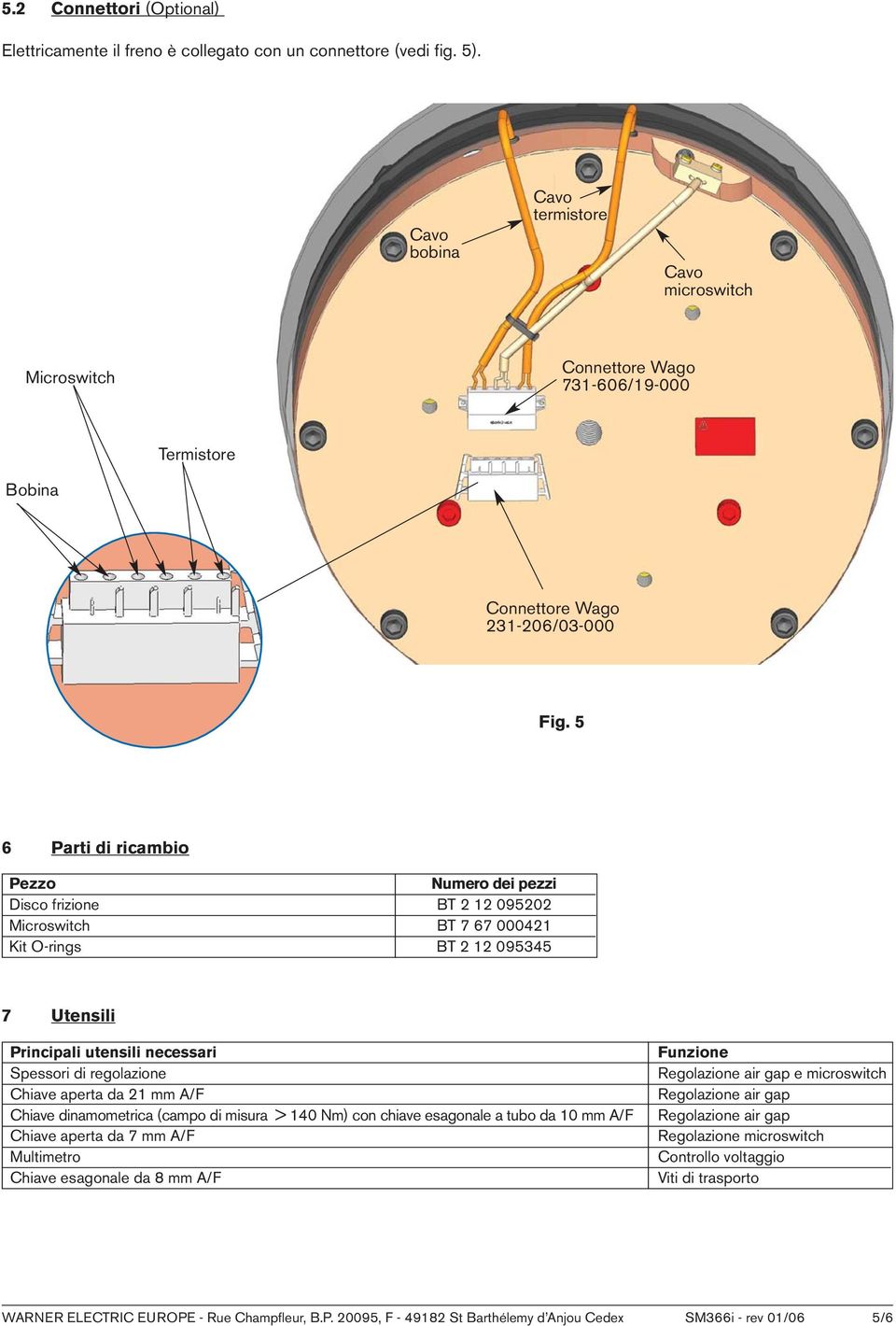 5 6 Parti di ricambio Pezzo Numero dei pezzi Disco frizione BT 2 12 095202 Microswitch BT 7 67 000421 Kit O-rings BT 2 12 095345 7 Utensili Principali utensili necessari Spessori di regolazione