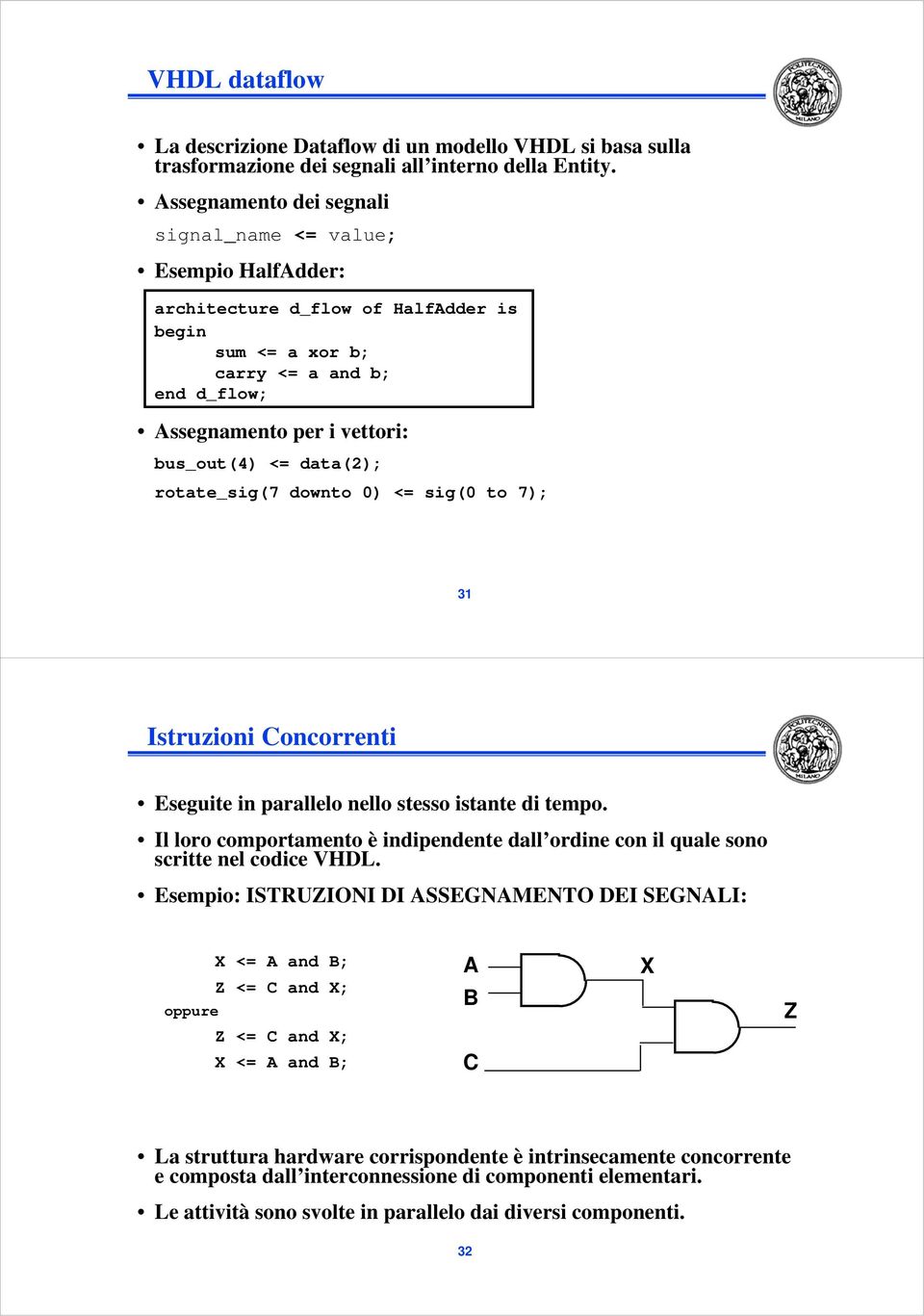 rotate_sig(7 downto 0) <= sig(0 to 7); 31 Istruzioni Concorrenti Eseguite in parallelo nello stesso istante di tempo.