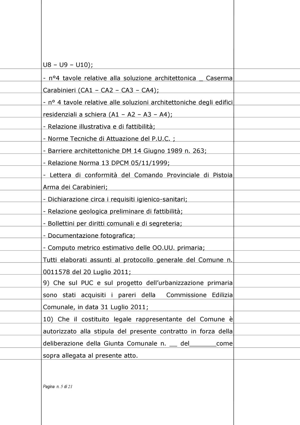 263; - Relazione Norma 13 DPCM 05/11/1999; - Lettera di conformità del Comando Provinciale di Pistoia Arma dei Carabinieri; - Dichiarazione circa i requisiti igienico-sanitari; - Relazione geologica