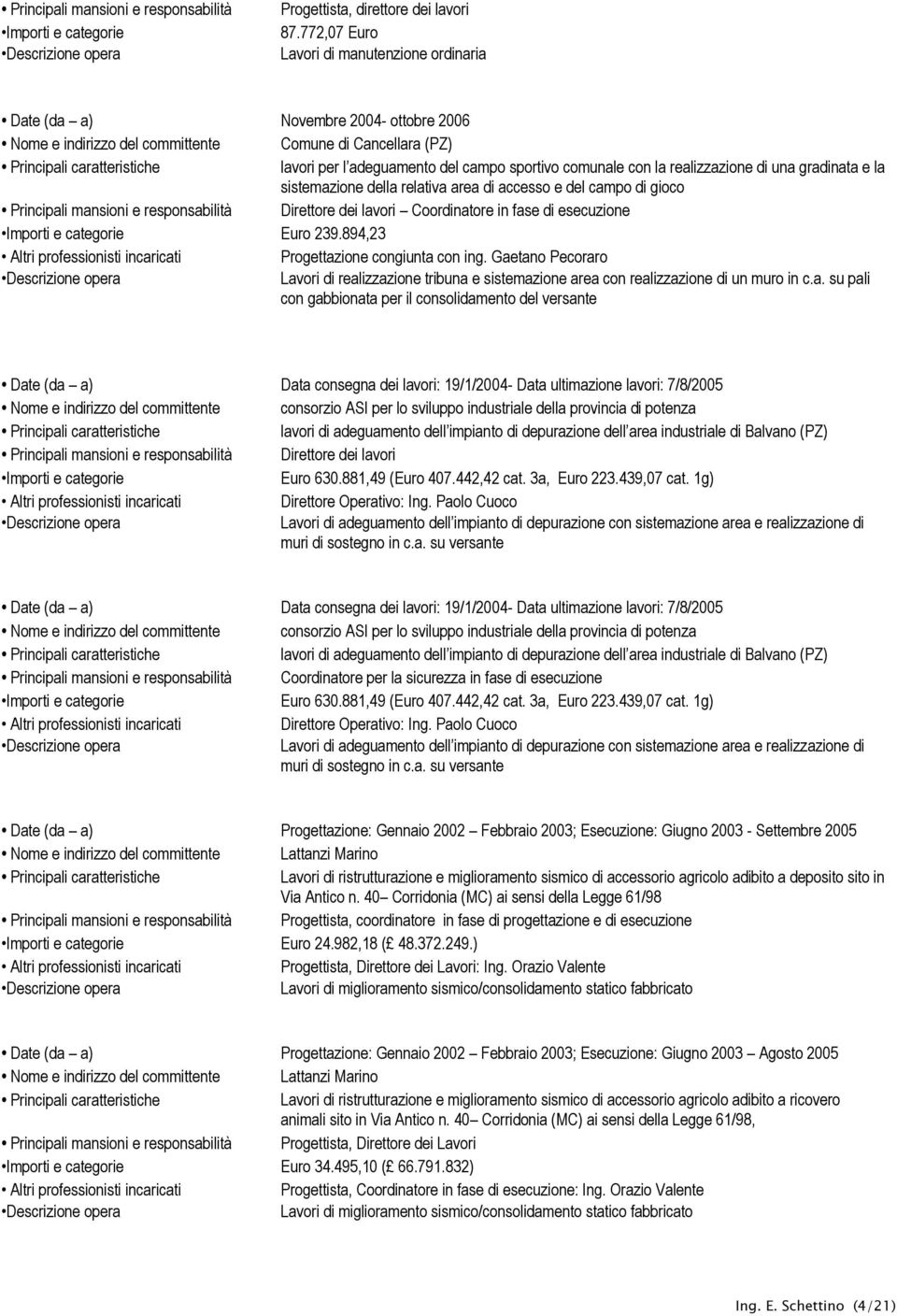 con la realizzazione di una gradinata e la sistemazione della relativa area di accesso e del campo di gioco Principali mansioni e responsabilità Direttore dei lavori Coordinatore in fase di