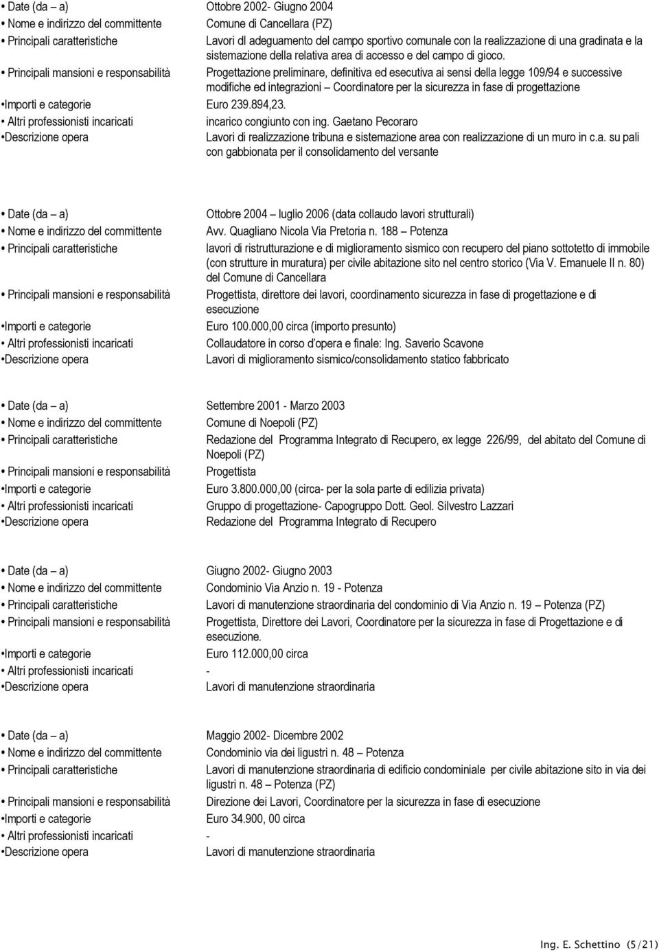 Principali mansioni e responsabilità Progettazione preliminare, definitiva ed esecutiva ai sensi della legge 109/94 e successive modifiche ed integrazioni Coordinatore per la sicurezza in fase di