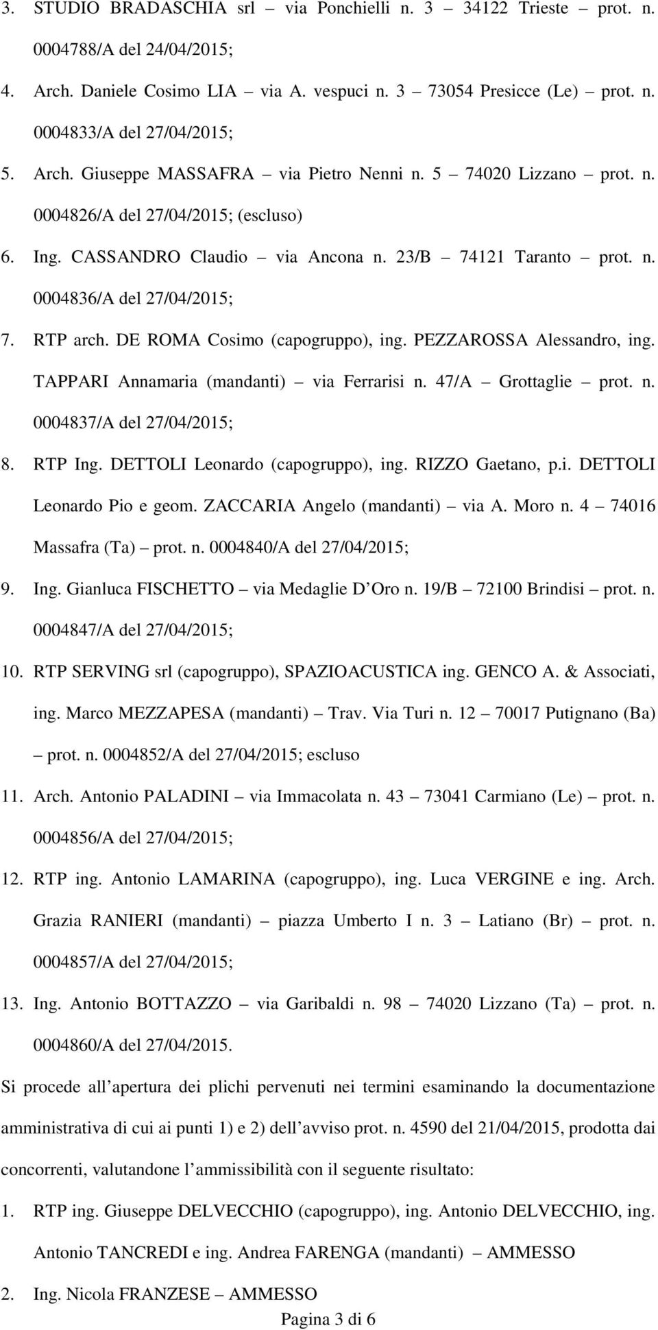 RTP arch. DE ROMA Cosimo (capogruppo), ing. PEZZAROSSA Alessandro, ing. TAPPARI Annamaria (mandanti) via Ferrarisi n. 47/A Grottaglie prot. n. 0004837/A del 27/04/2015; 8. RTP Ing.