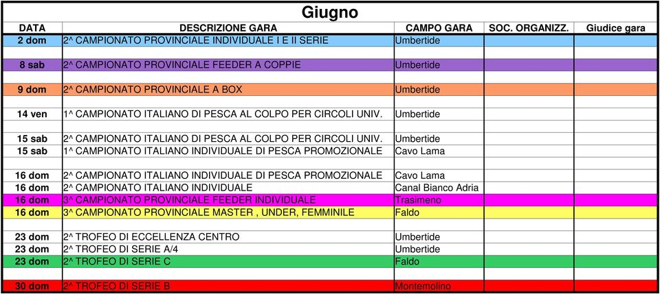 Umbertide 15 sab 1^ CAMPIONATO ITALIANO INDIVIDUALE DI PESCA PROMOZIONALE Cavo Lama 16 dom 2^ CAMPIONATO ITALIANO INDIVIDUALE DI PESCA PROMOZIONALE Cavo Lama 16 dom 2^ CAMPIONATO ITALIANO INDIVIDUALE