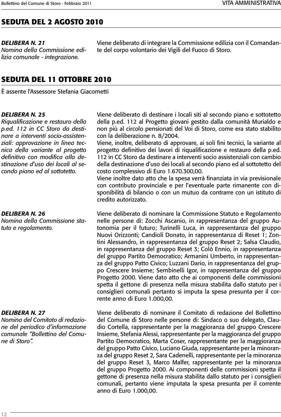 Seduta del 11 ottobre 2010 È assente l Assessore Stefania Giacometti Delibera n. 25 Riqualificazione e restauro della p.ed. 112 in CC Storo da destinare a interventi socio-assistenziali: approvazione