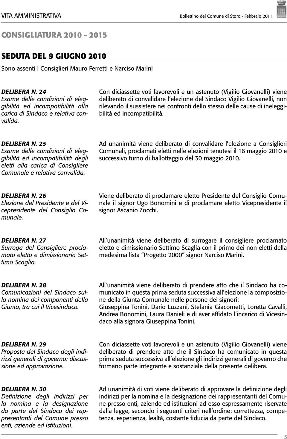 Con diciassette voti favorevoli e un astenuto (Vigilio Giovanelli) viene deliberato di convalidare l elezione del Sindaco Vigilio Giovanelli, non rilevando il sussistere nei confronti dello stesso