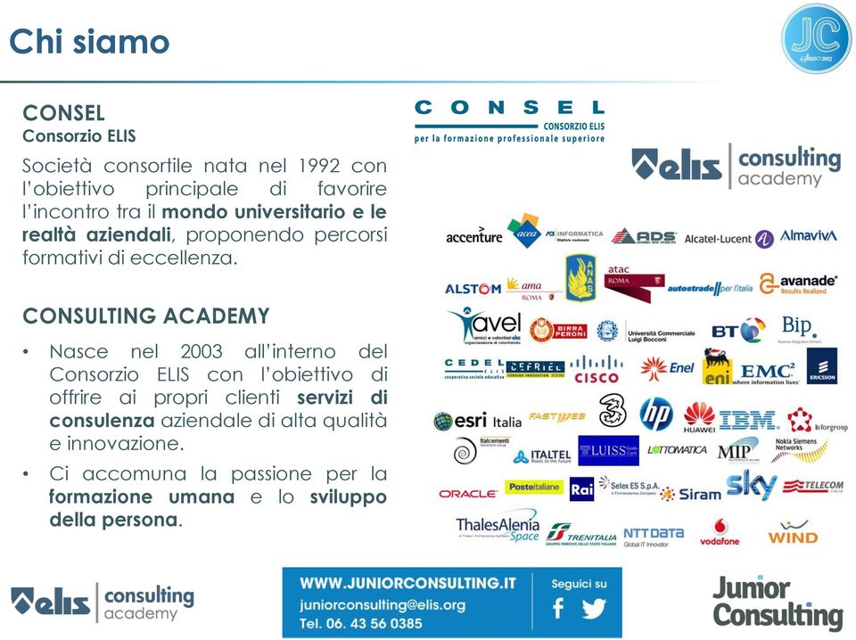 CONSULTING ACADEMY Nasce nel 2003 all interno del Consorzio ELIS con l obiettivo di offrire ai propri clienti