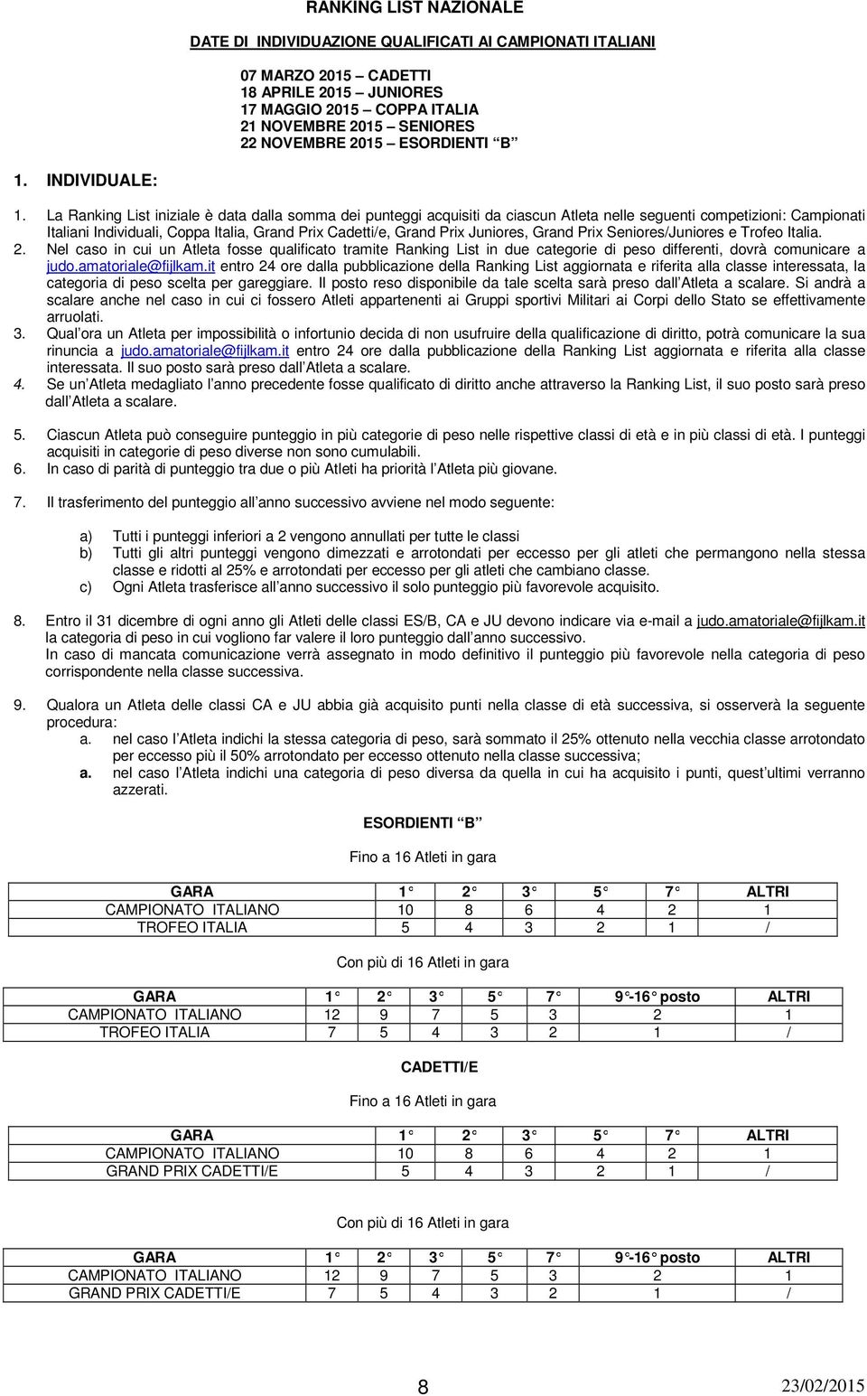 La Ranking List iniziale è data dalla smma dei punteggi acquisiti da ciascun Atleta nelle seguenti cmpetizini: Campinati Italiani Individuali, Cppa Italia, Grand Prix Cadetti/e, Grand Prix Junires,