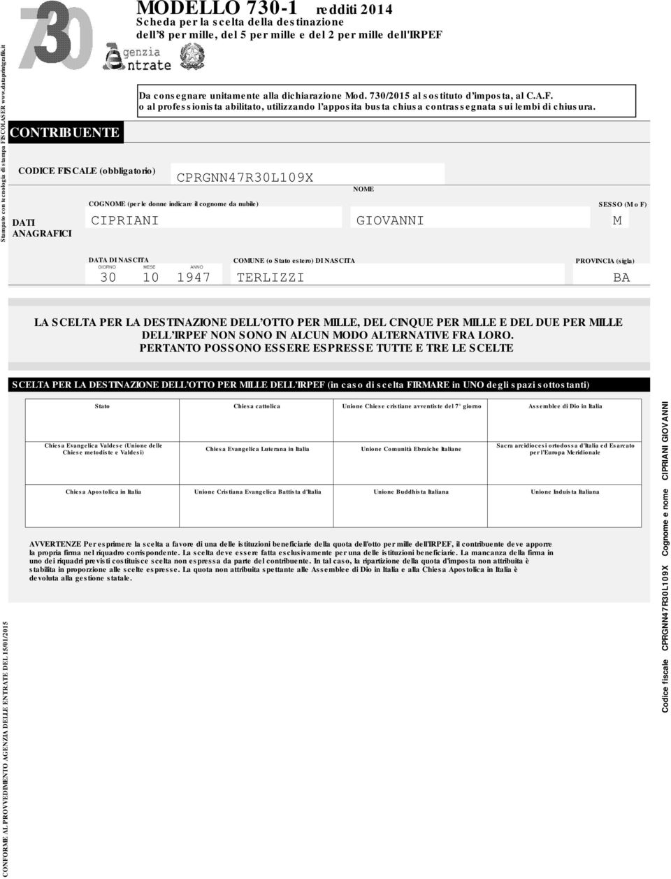 CPRGNN47R30L109X COGNOME (per le donne indicare il cognome da nubile) NOME CIPRIANI GIOVANNI M SESSO (M o F) DATA DI NASCITA COMUNE (o Stato estero) DI NASCITA PROVINCIA (sigla) 30 10 1947 TERLIZZI