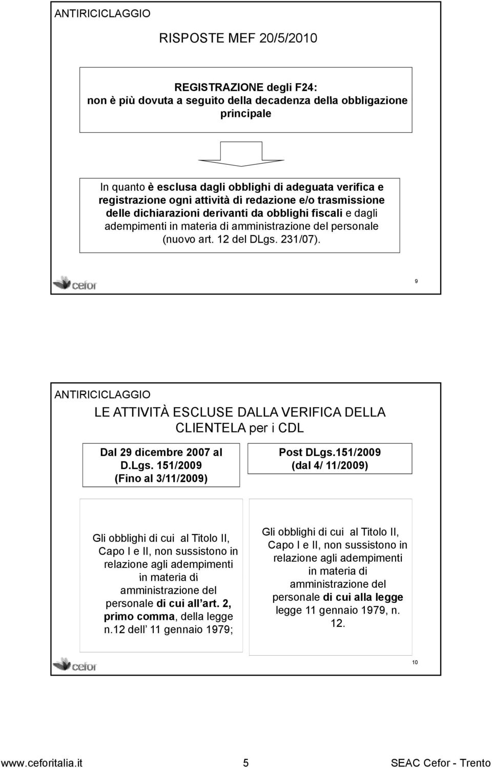 12 del DLgs. 231/07). 9 ANTIRICICLAGGIO LE ATTIVITÀ ESCLUSE DALLA VERIFICA DELLA CLIENTELA per i CDL Dal 29 dicembre 2007 al D.Lgs. 151/2009 (Fino al 3/11/2009) Post DLgs.