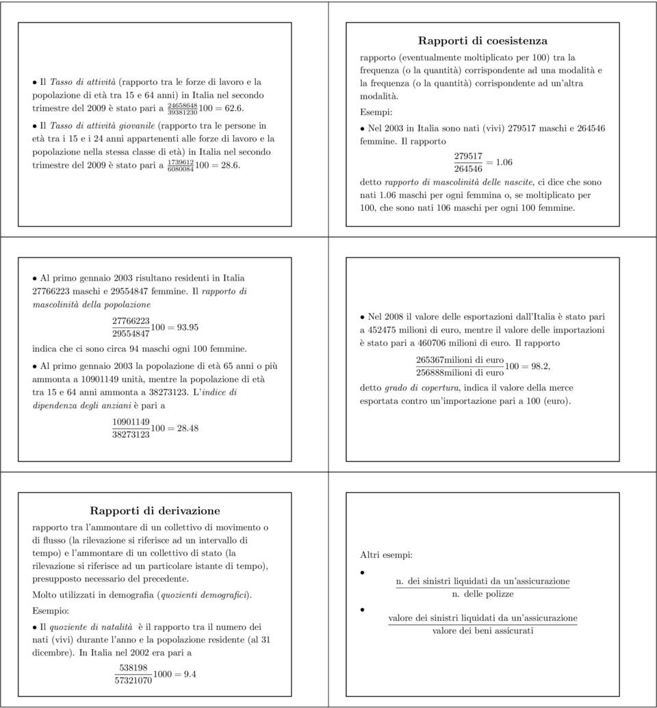 6080084100 286 Rapporti di coesisteza rapporto (evetualmete moltiplicato per 100) tra la frequeza (o la quatità) corrispodete ad ua modalitàe la frequeza (o la quatità) corrispodete ad u altra