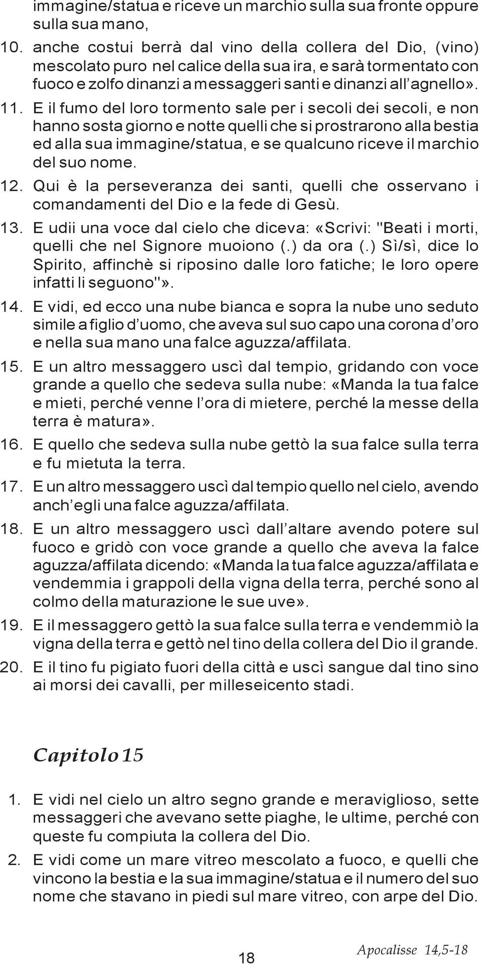 E il fumo del loro tormento sale per i secoli dei secoli, e non hanno sosta giorno e notte quelli che si prostrarono alla bestia ed alla sua immagine/statua, e se qualcuno riceve il marchio del suo