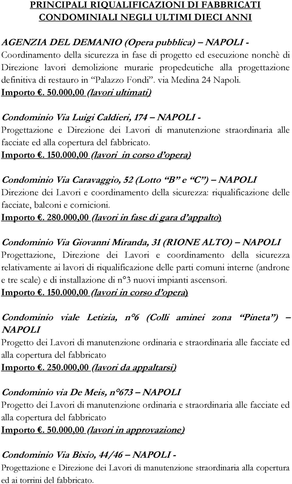 000,00 (lavori ultimati) Condominio Via Luigi Caldieri, 174 NAPOLI - Progettazione e Direzione dei Lavori di manutenzione straordinaria alle facciate ed alla copertura del fabbricato. Importo. 150.