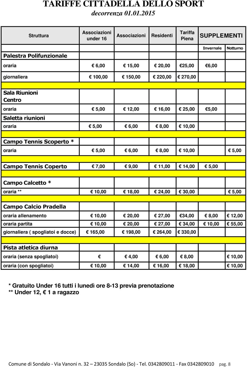 270,00 Sala Riunioni Centro oraria 5,00 12,00 16,00 25,00 5,00 Saletta riunioni oraria 5,00 6,00 8,00 10,00 Campo Tennis Scoperto * oraria 5,00 6,00 8,00 10,00 5,00 Campo Tennis Coperto 7,00 9,00