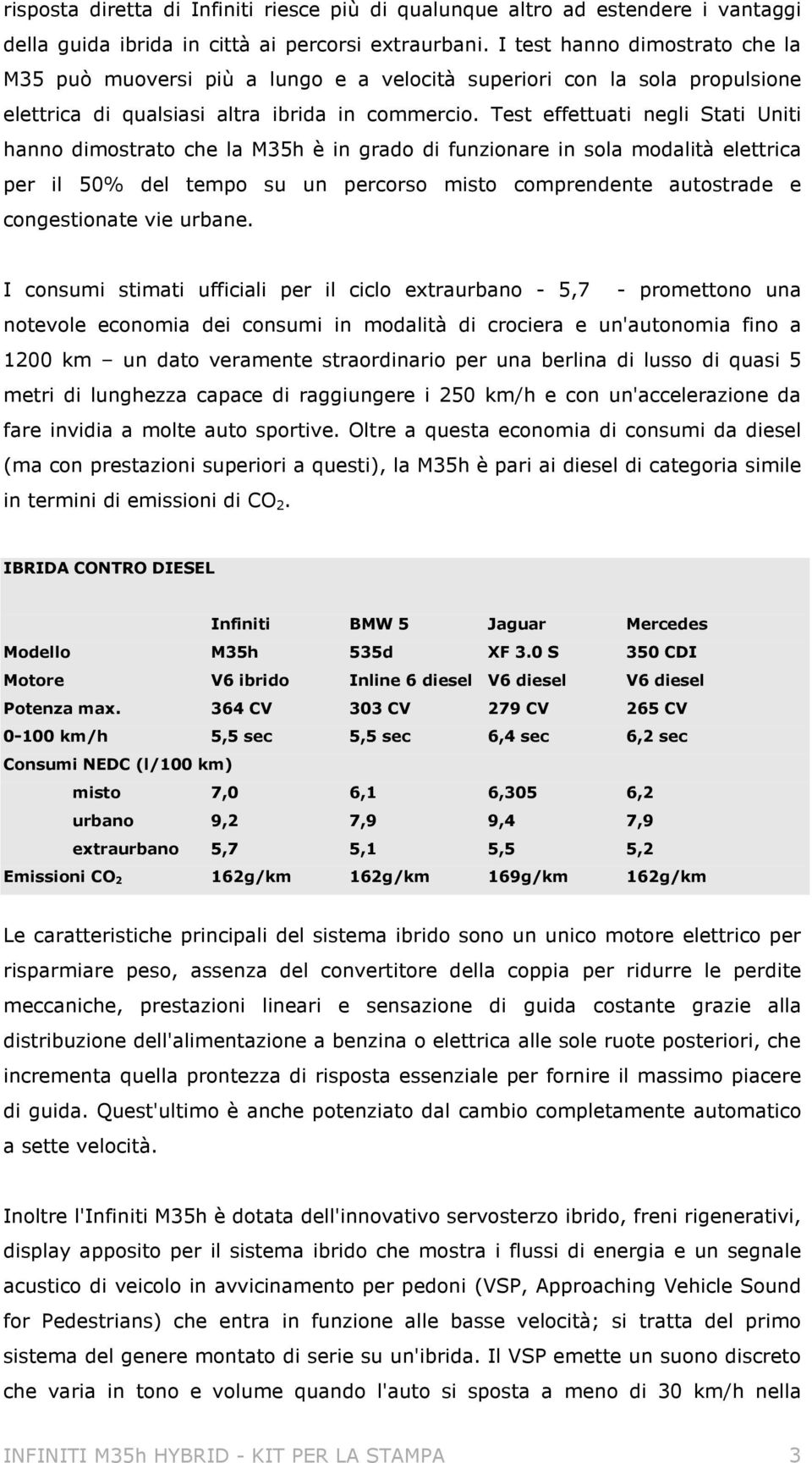 Test effettuati negli Stati Uniti hanno dimostrato che la M35h è in grado di funzionare in sola modalità elettrica per il 50% del tempo su un percorso misto comprendente autostrade e congestionate