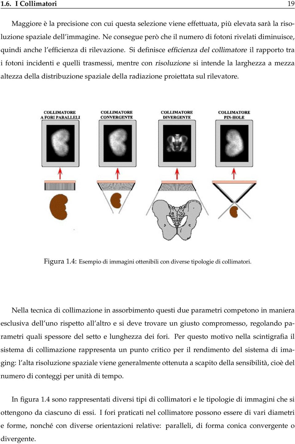 Si definisce efficienza del collimatore il rapporto tra i fotoni incidenti e quelli trasmessi, mentre con risoluzione si intende la larghezza a mezza altezza della distribuzione spaziale della