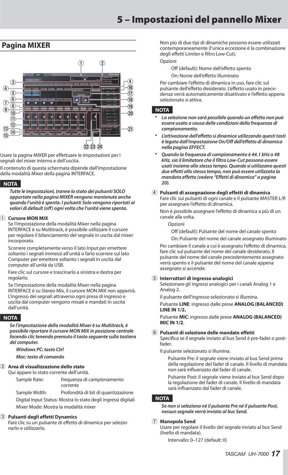 Tutte le impostazioni, tranne lo stato dei pulsanti SOLO apportate nella pagina MIXER vengono mantenute anche quando l unità è spenta.