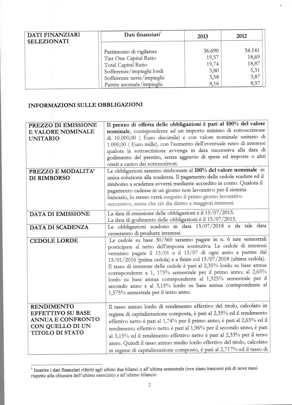 OBBLIGAZIONI PREZZO DI EMISSIONE E VALORE NOMINALE UNITARIO PREZZO E MODALITA' DI RIMBORSO Il prezzo di offerta delle obbligazioni è pari al 100% del valore nominale, corrispondente ad un importo