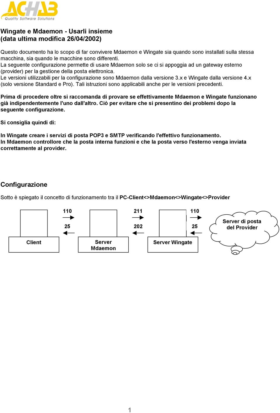 Le versioni utilizzabili per la configurazione sono Mdaemon dalla versione 3.x e Wingate dalla versione 4.x (solo versione Standard e Pro).