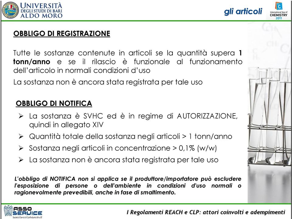 Quantità totale della sostanza negli articoli > 1 tonn/anno Sostanza negli articoli in concentrazione > 0,1% (w/w) La sostanza non è ancora stata registrata per tale uso L obbligo di