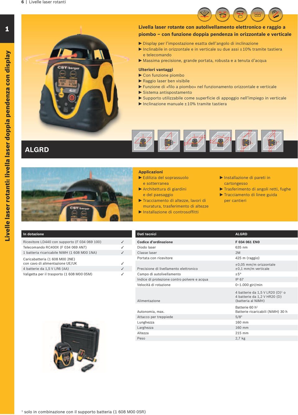 alimentazione UE/UK 3 4 batterie da,5 V LR6 (AA) 3 Valigetta per il trasporto ( 608 M00 05M) 3 Display per l impostazione esatta dell angolo di inclinazione Inclinabile in orizzontale e in verticale