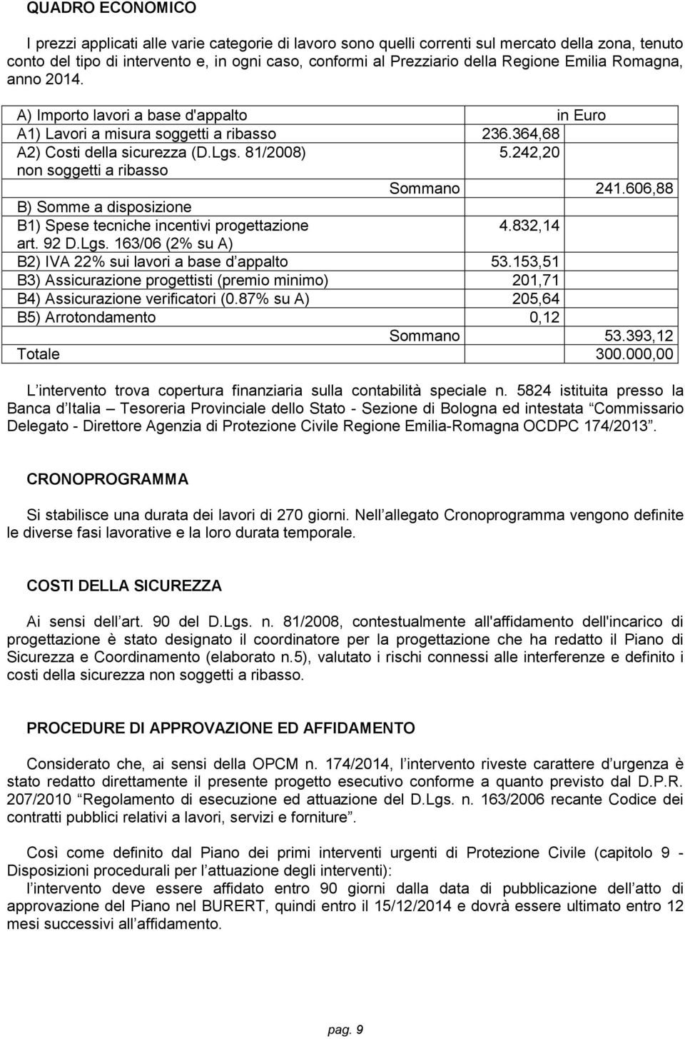 242,20 non soggetti a ribasso Sommano 241.606,88 B) Somme a disposizione B1) Spese tecniche incentivi progettazione 4.832,14 art. 92 D.Lgs. 163/06 (2% su A) B2) IVA 22% sui lavori a base d appalto 53.