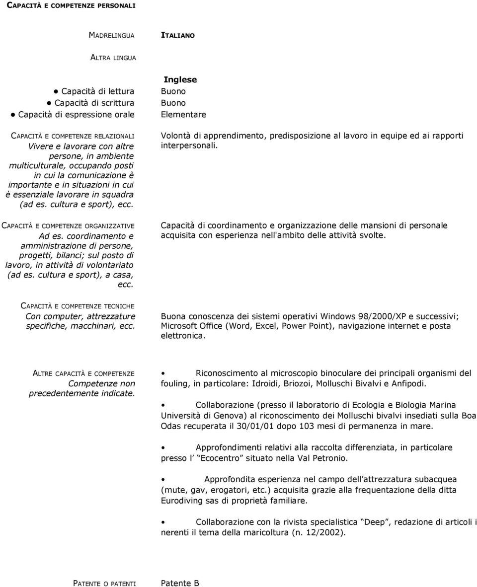 Inglese Buono Buono Elementare Volontà di apprendimento, predisposizione al in equipe ed ai rapporti interpersonali. CAPACITÀ E COMPETENZE ORGANIZZATIVE Ad es.