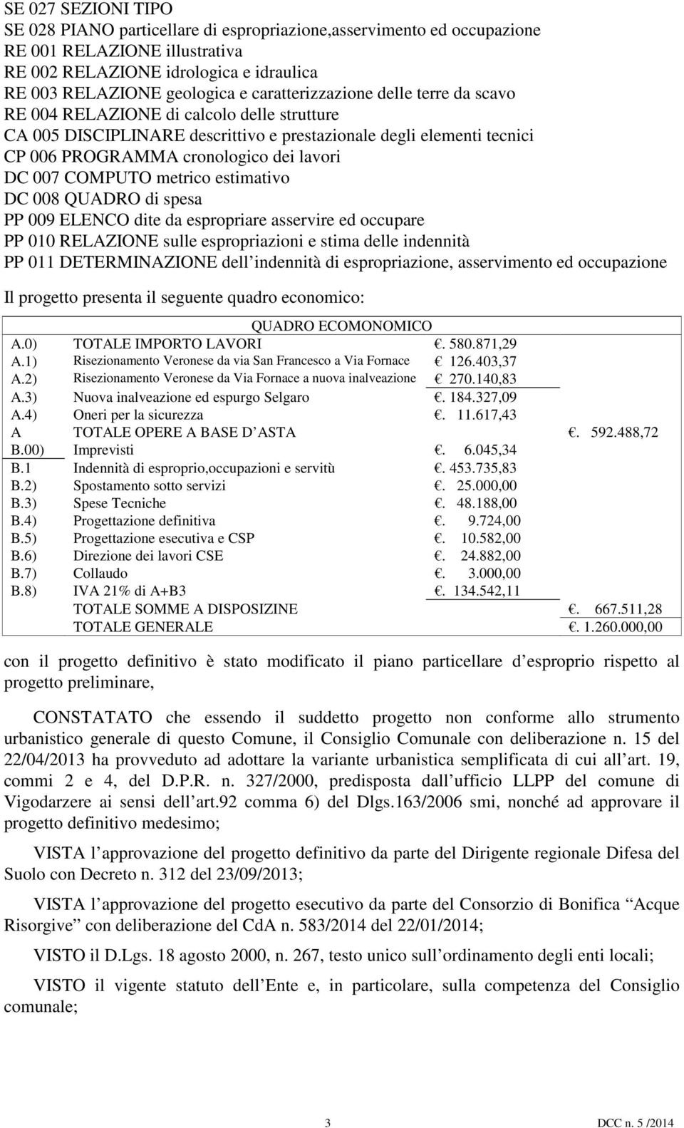 007 COMPUTO metrico estimativo DC 008 QUADRO di spesa PP 009 ELENCO dite da espropriare asservire ed occupare PP 010 RELAZIONE sulle espropriazioni e stima delle indennità PP 011 DETERMINAZIONE dell