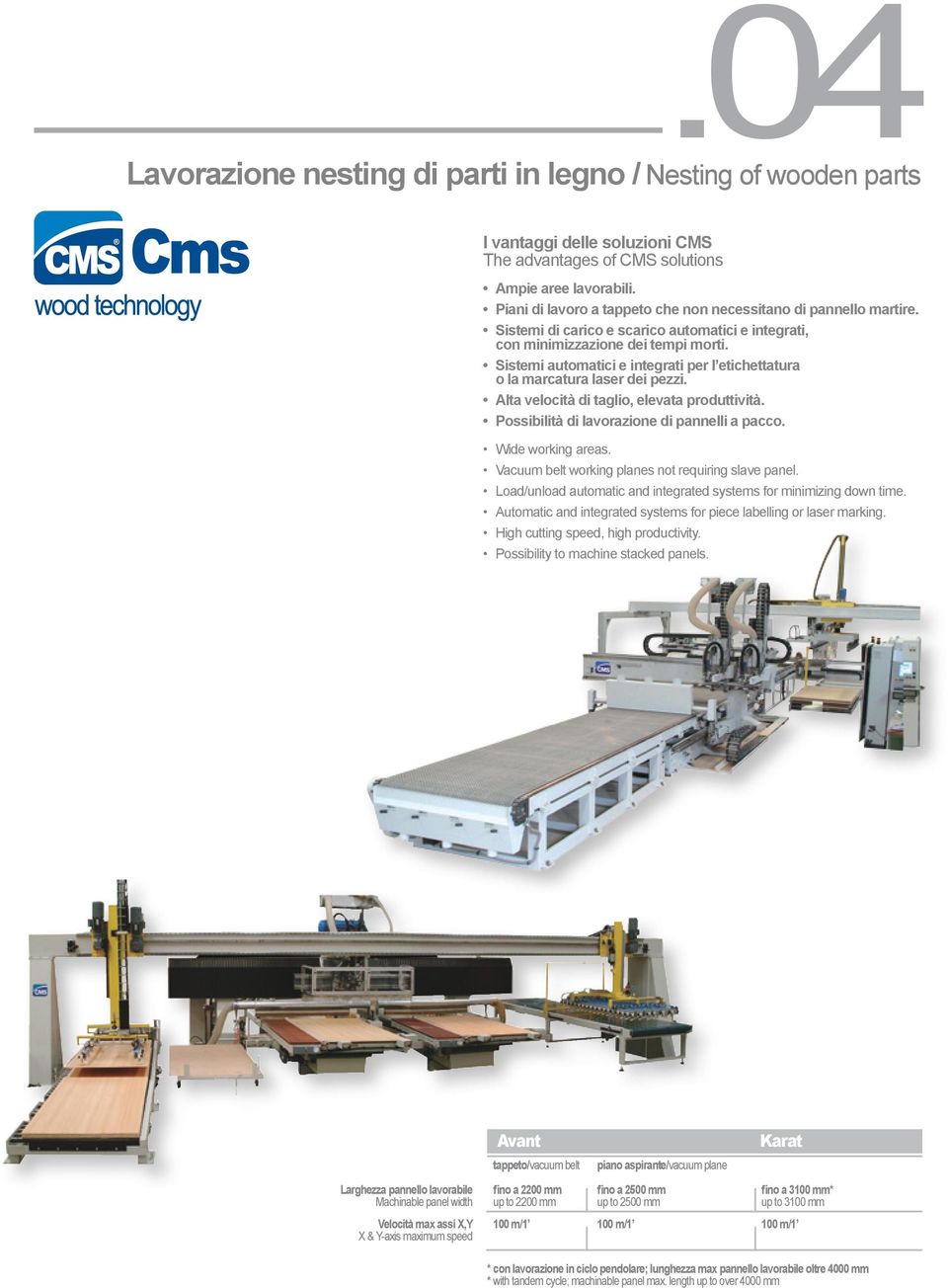 Sistemi automatici e integrati per l etichettatura o la marcatura laser dei pezzi. Alta velocità di taglio, elevata produttività. Possibilità di lavorazione di pannelli a pacco. Wide working areas.