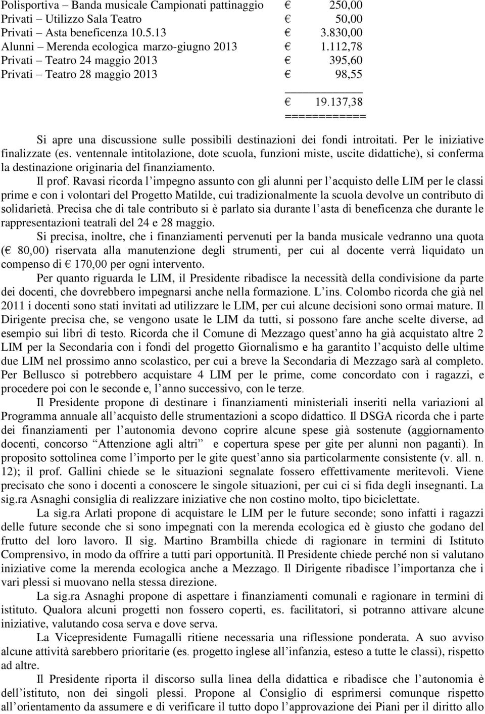 Per le iniziative finalizzate (es. ventennale intitolazione, dote scuola, funzioni miste, uscite didattiche), si conferma la destinazione originaria del finanziamento. Il prof.