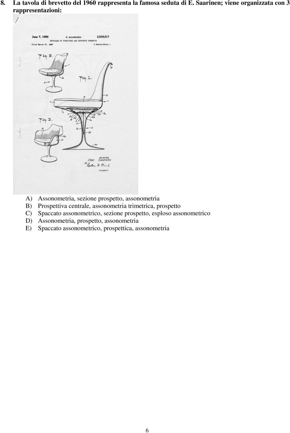 assonometria B) Prospettiva centrale, assonometria trimetrica, prospetto C) Spaccato