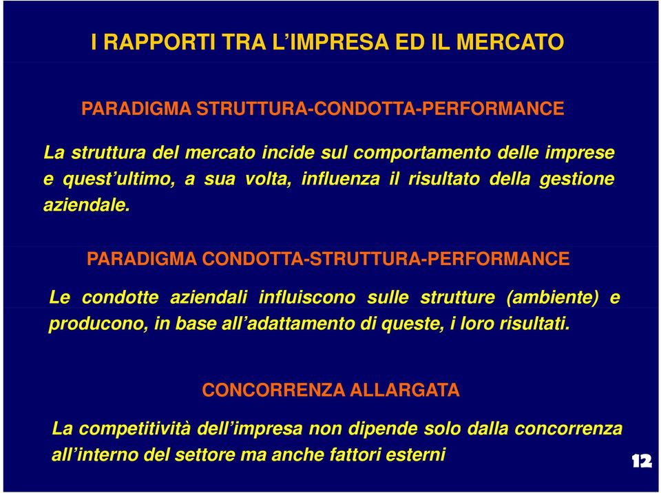 PARADIGMA CONDOTTA-STRUTTURA-PERFORMANCE Le condotte aziendali influiscono sulle strutture (ambiente) e producono, in base all