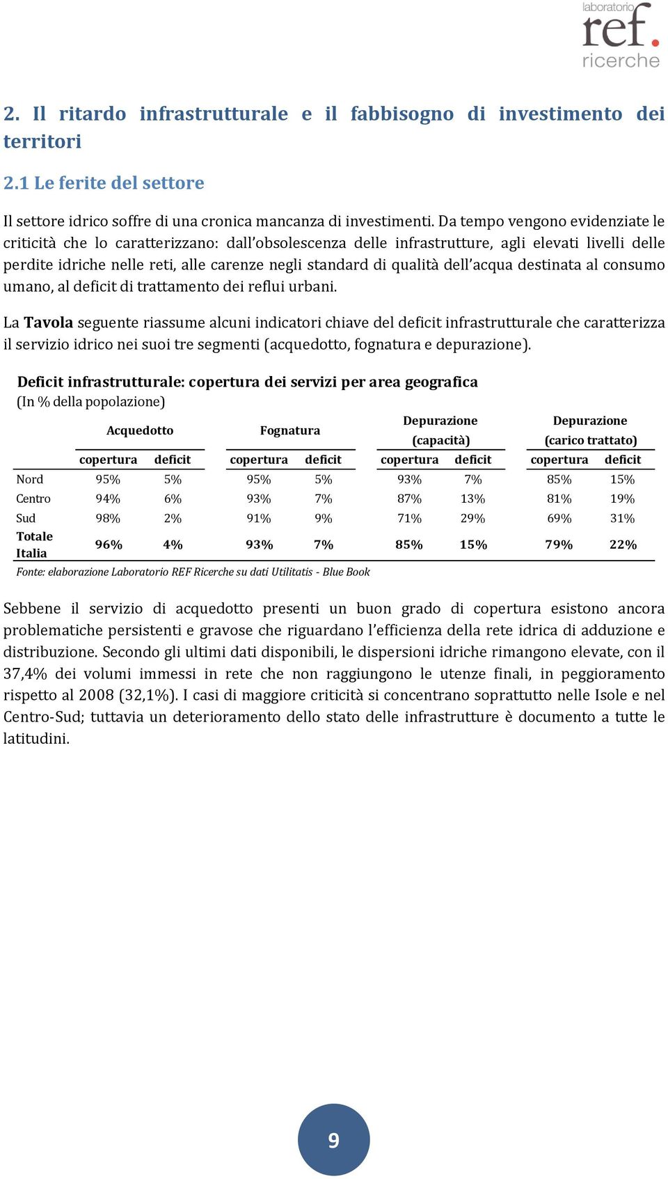 dell acqua destinata al consumo umano, al deficit di trattamento dei reflui urbani.