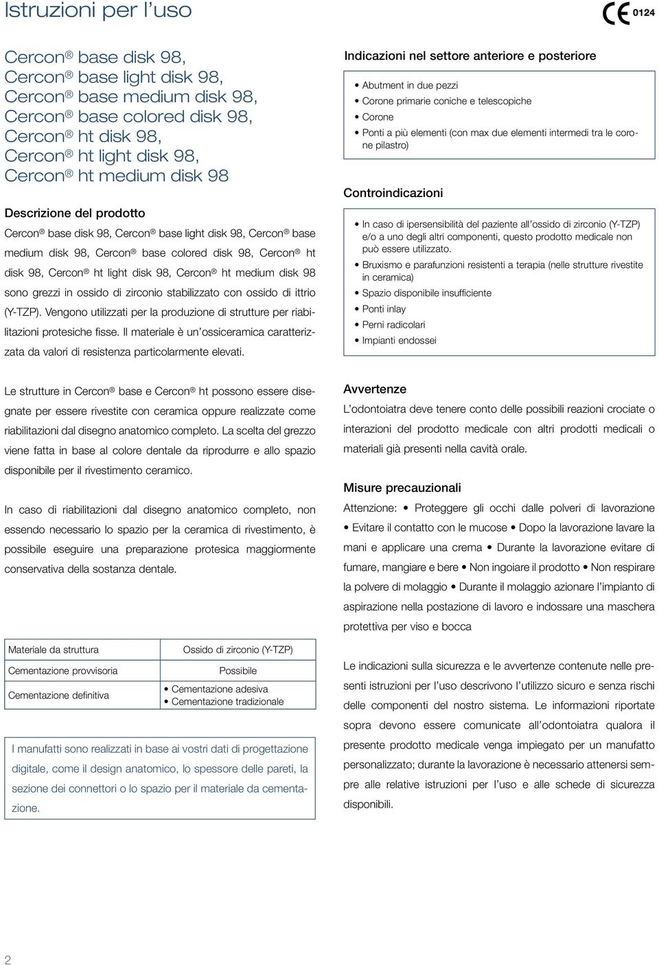 sono grezzi in ossido di zirconio stabilizzato con ossido di ittrio (Y-TZP). Vengono utilizzati per la produzione di strutture per riabilitazioni protesiche fisse.