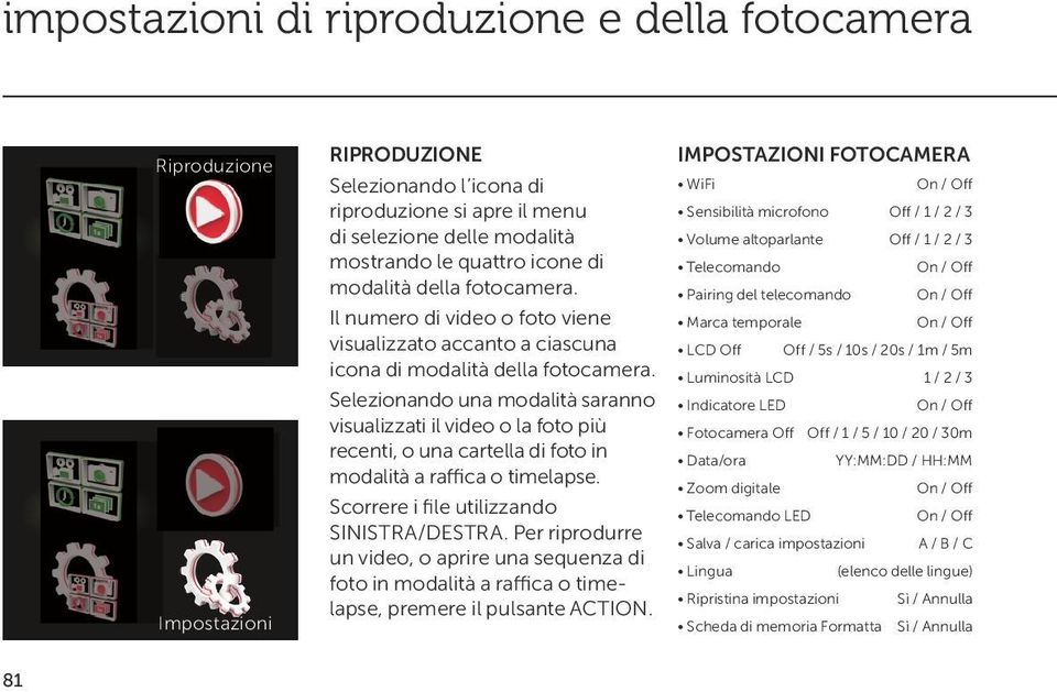 Selezionando una modalità saranno visualizzati il video o la foto più recenti, o una cartella di foto in modalità a raffica o timelapse. Scorrere i file utilizzando SINISTRA/DESTRA.