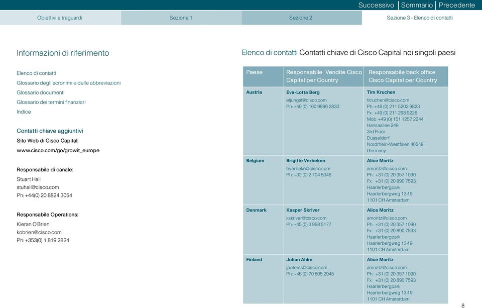 Glossario dei termini finanziari Indice Contatti chiave aggiuntivi Sito Web di Cisco Capital: www.cisco.com/go/growit_europe eljungst@cisco.com Ph: +49 (0) 160 9896 2830 tkruchen@cisco.