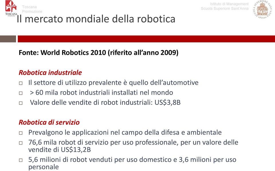 di robot industriali: US$3,8B Robotica di servizio Prevalgono le applicazioni nel campo della difesa e ambientale 76,6 mila robot di