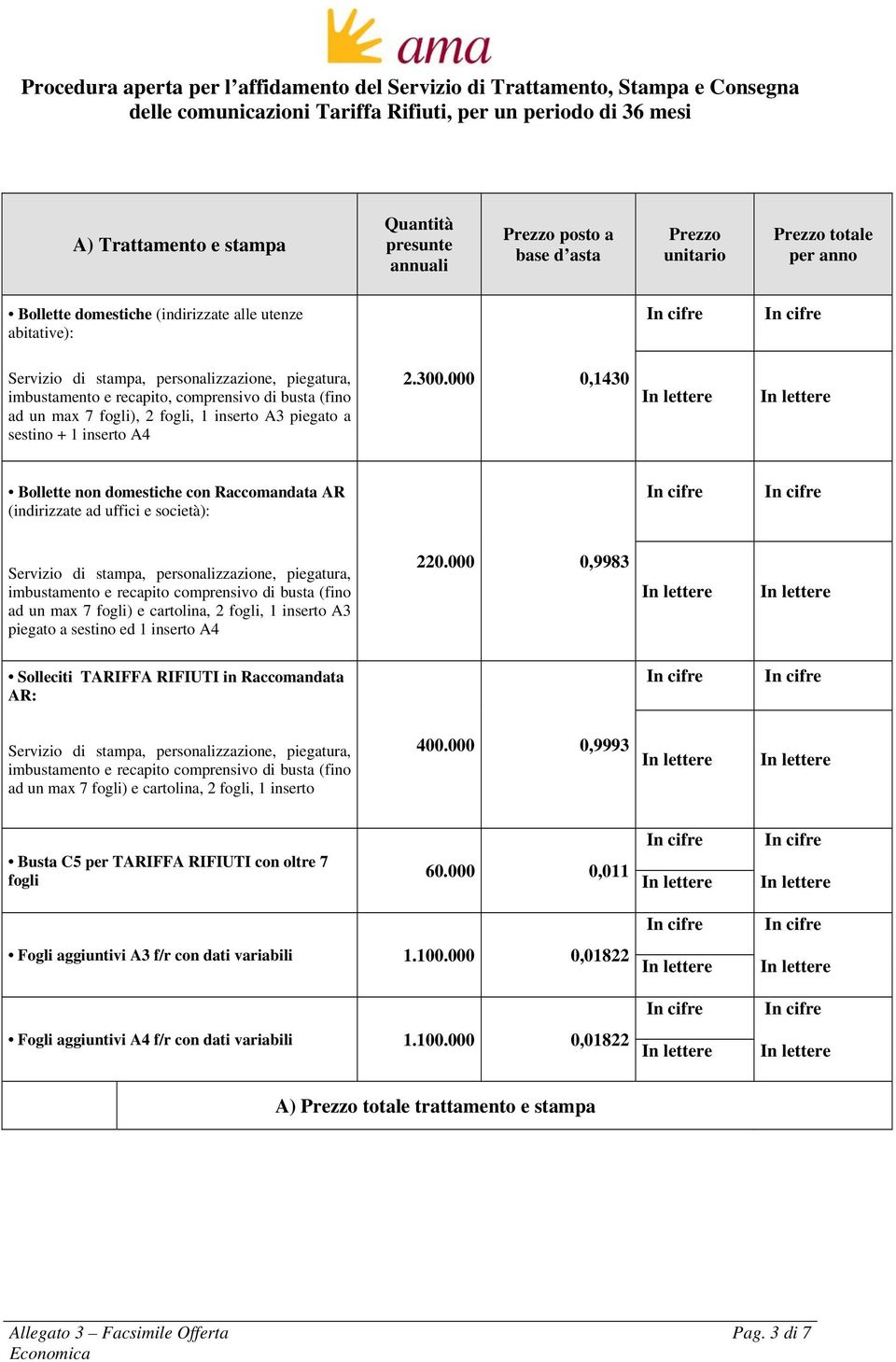 000 0,1430 Bollette non domestiche con Raccomandata AR (indirizzate ad uffici e società): Servizio di stampa, personalizzazione, piegatura, imbustamento e recapito comprensivo di busta (fino ad un