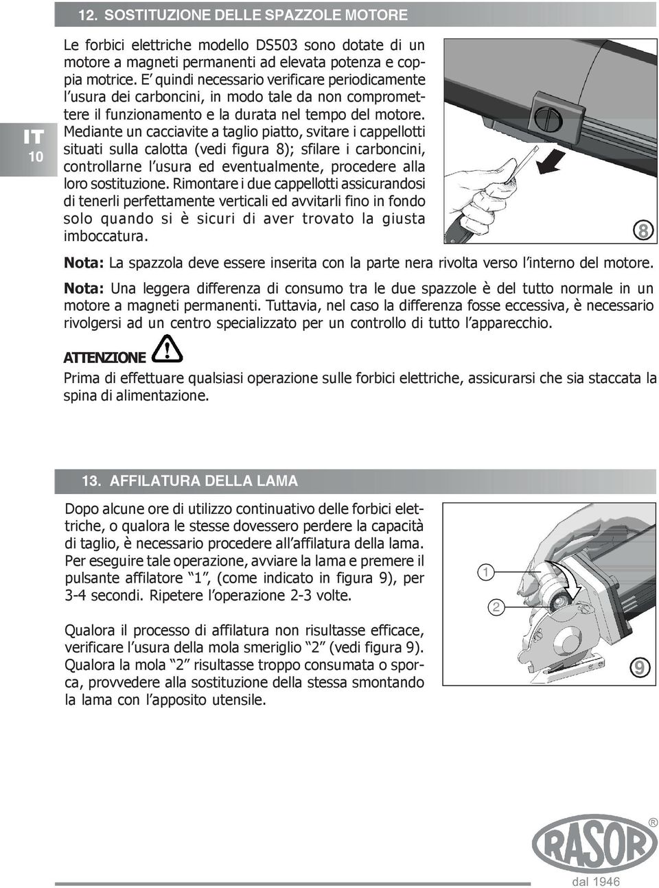 Mediante un cacciavite a taglio piatto, svitare i cappellotti situati sulla calotta (vedi figura 8); sfilare i carboncini, controllarne l usura ed eventualmente, procedere alla loro sostituzione.