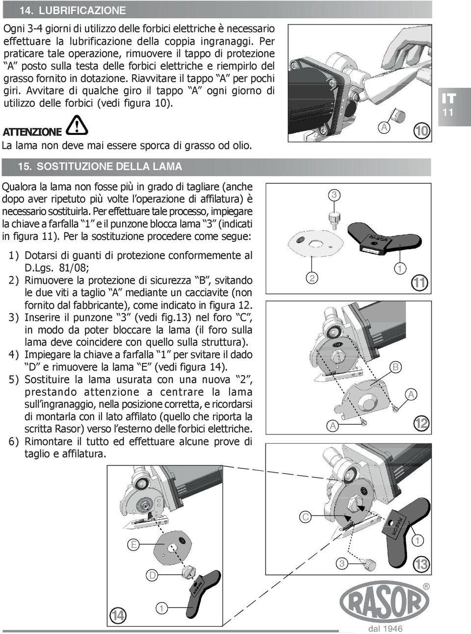 Avvitare di qualche giro il tappo A ogni giorno di utilizzo delle forbici (vedi figura 10). ATTENZIONE La lama non deve mai essere sporca di grasso od olio. A 10 IT 11 15.