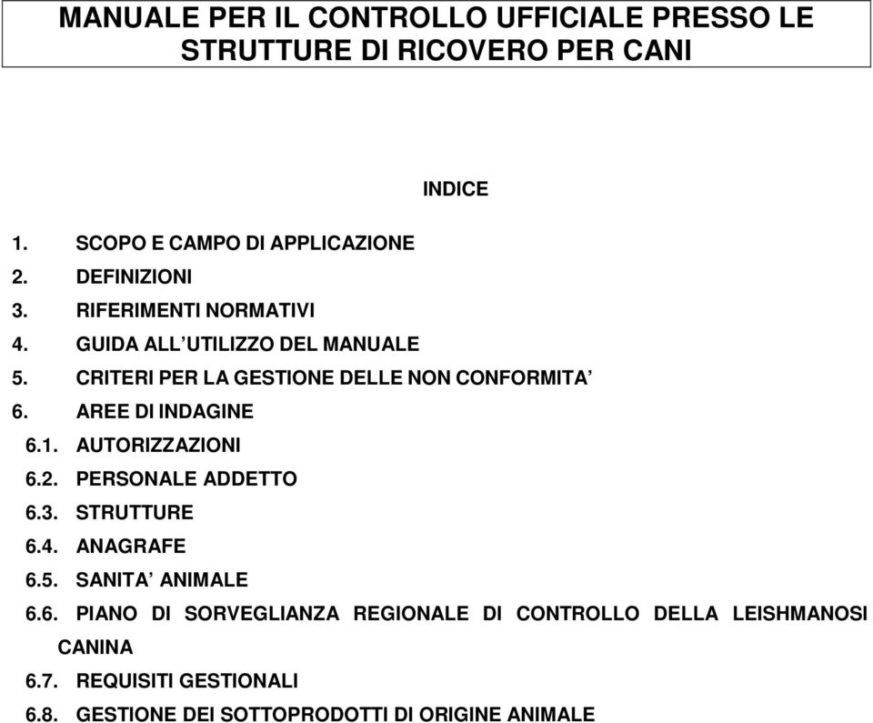 AREE DI INDAGINE 6.1. AUTORIZZAZIONI 6.2. PERSONALE ADDETTO 6.3. STRUTTURE 6.4. ANAGRAFE 6.5. SANITA ANIMALE 6.6. PIANO DI SORVEGLIANZA REGIONALE DI CONTROLLO DELLA LEISHMANOSI CANINA 6.