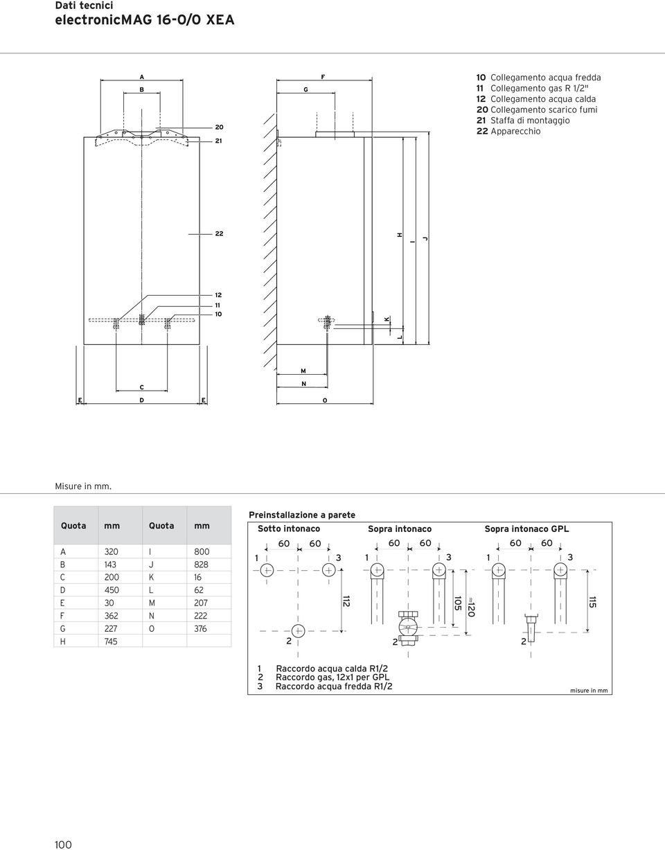 Quota mm Quota mm A 30 800 B 143 88 C 00 K 16 D 450 L 6 30 M 07 36 N G 7 O 376 H 745 Preinstallazione a parete Sotto