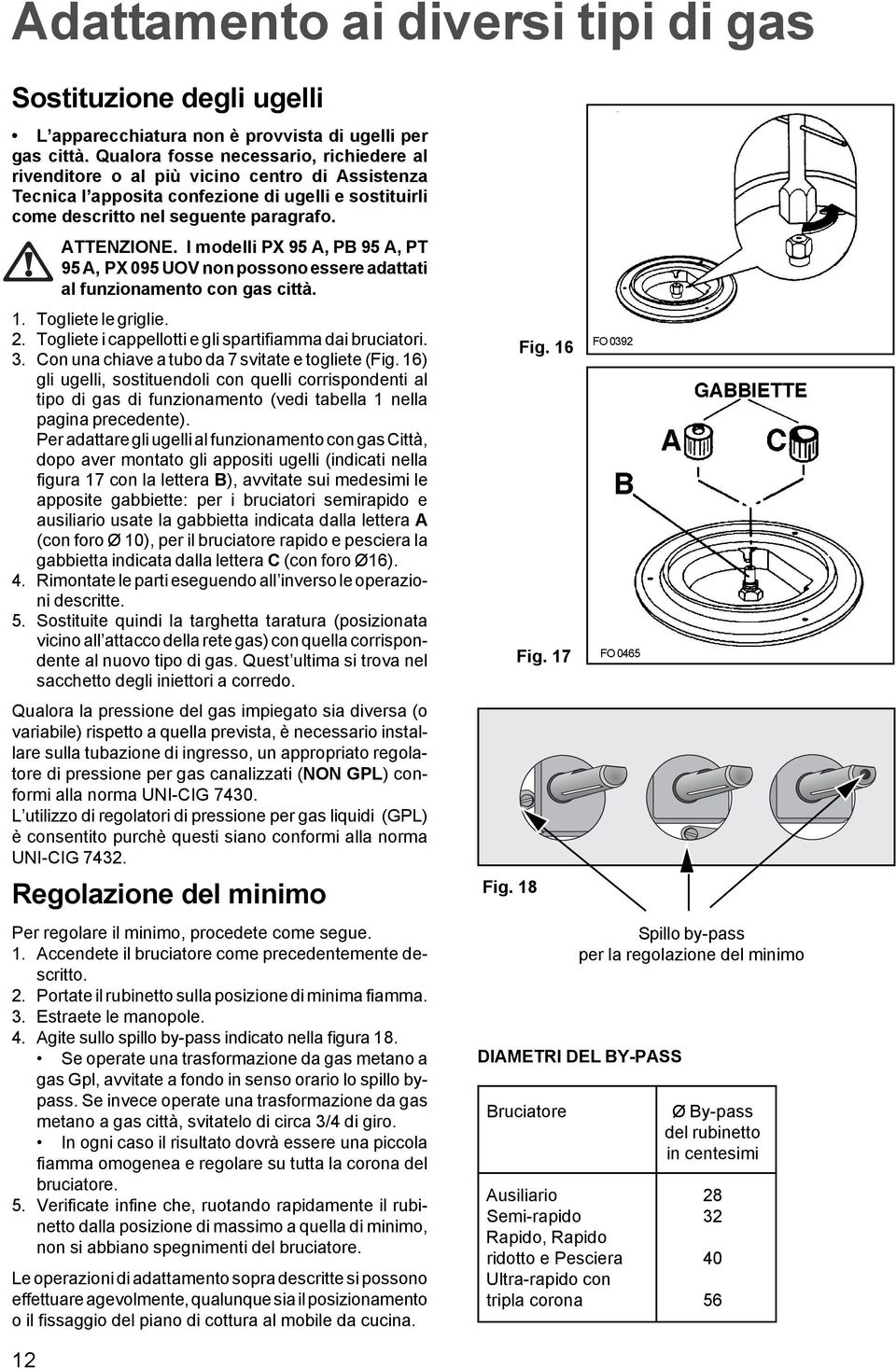 I modelli PX 95 A, PB 95 A, PT 95 A, PX 095 UOV non possono essere adattati al funzionamento con gas città. 1. Togliete le griglie. 2. Togliete i cappellotti e gli spartifiamma dai bruciatori. 3.