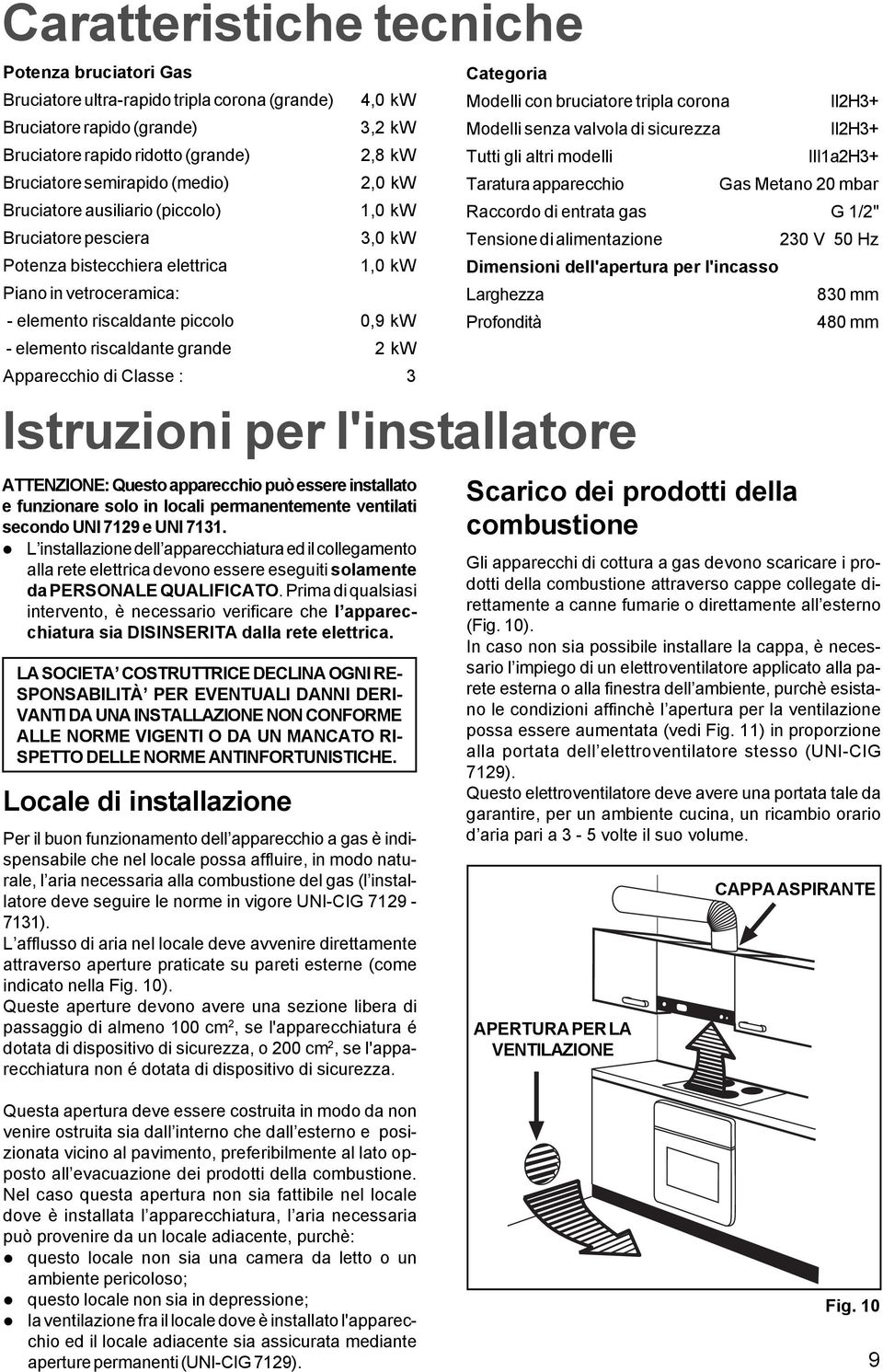 riscaldante grande 2 kw Apparecchio di Classe : 3 Istruzioni per l'installatore Categoria Modelli con bruciatore tripla corona II2H3+ Modelli senza valvola di sicurezza II2H3+ Tutti gli altri modelli