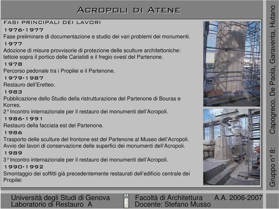 1978 Percorso pedonale tra i Propilei e il Partenone. 1979-1987 1987 Restauro dell Eretteo. 1983 Pubblicazione dello Studio della ristrutturazione del Partenone di Bouras e Korres.