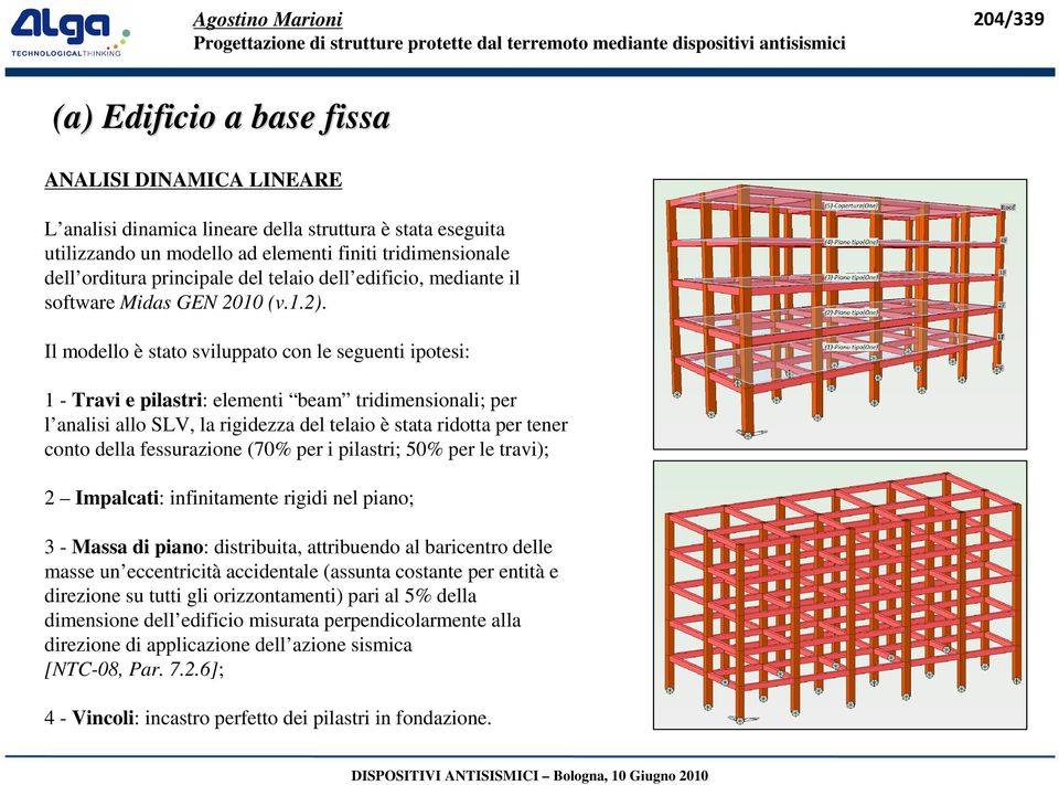 Il modello è stato sviluppato con le seguenti ipotesi: 1 - Travi e pilastri: elementi beam tridimensionali; per l analisi allo SLV, la rigidezza del telaio è stata ridotta per tener conto della