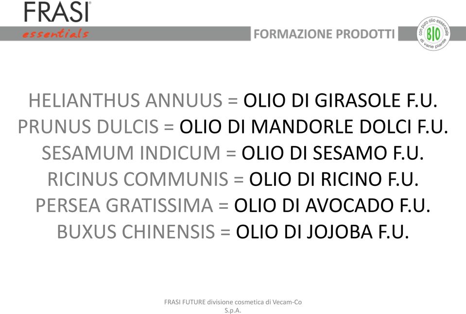 U. PERSEA GRATISSIMA = OLIO DI AVOCADO F.U. BUXUS CHINENSIS = OLIO DI JOJOBA F.